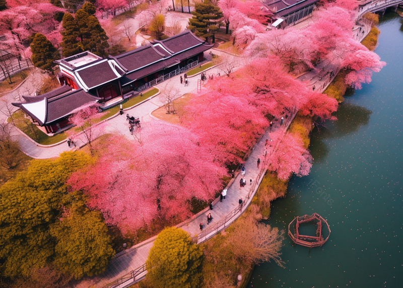 南京春天的莫愁湖公园海棠花航拍,高清,摄影图,摄影图片,图片大全,摄影图免费下载